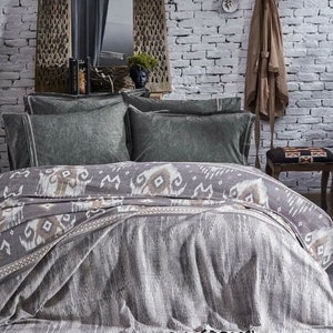 Ikat Queen / King Jacquard Quilt Türkisch Bio-Baumwolldecke mit Zertifikat in Beige