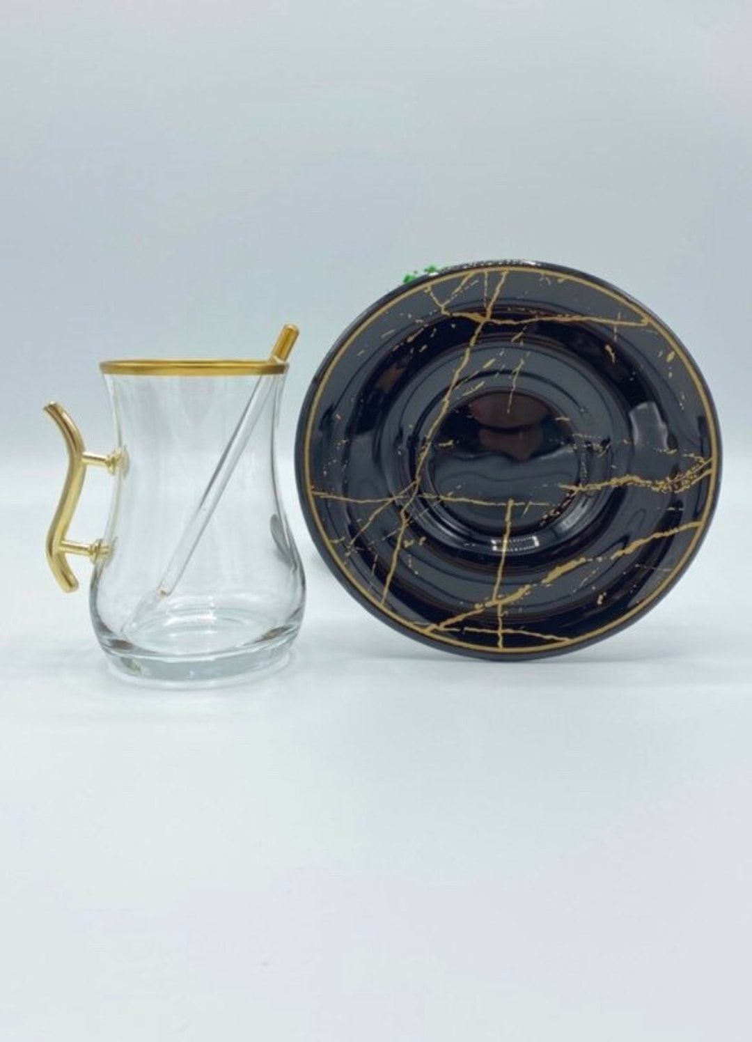 Lot de 12 verres à thé noir avec liseré doré fin - Bella Home