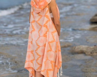 Oversized Orange cotton Tunic hooded Beach Cover up with bag,bamboo orange hooded Cover up, orange hooded turkish cover up,mother's day