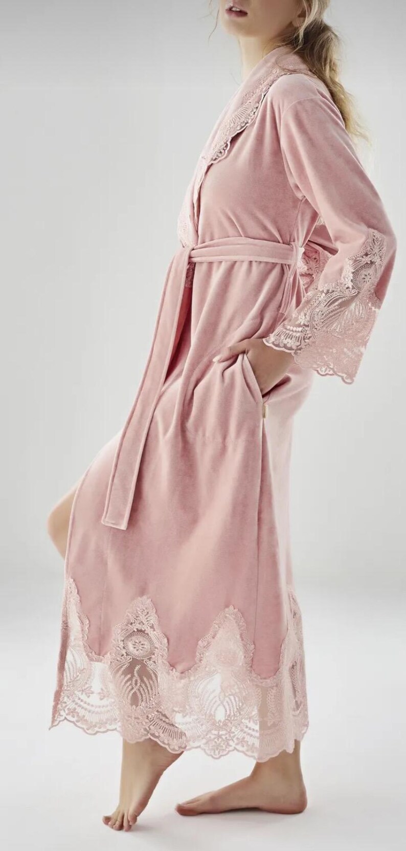 Luxurious Velvet Ivory Woman Long Lace Robe, Cozy Spa Woman Robe, Gift ...