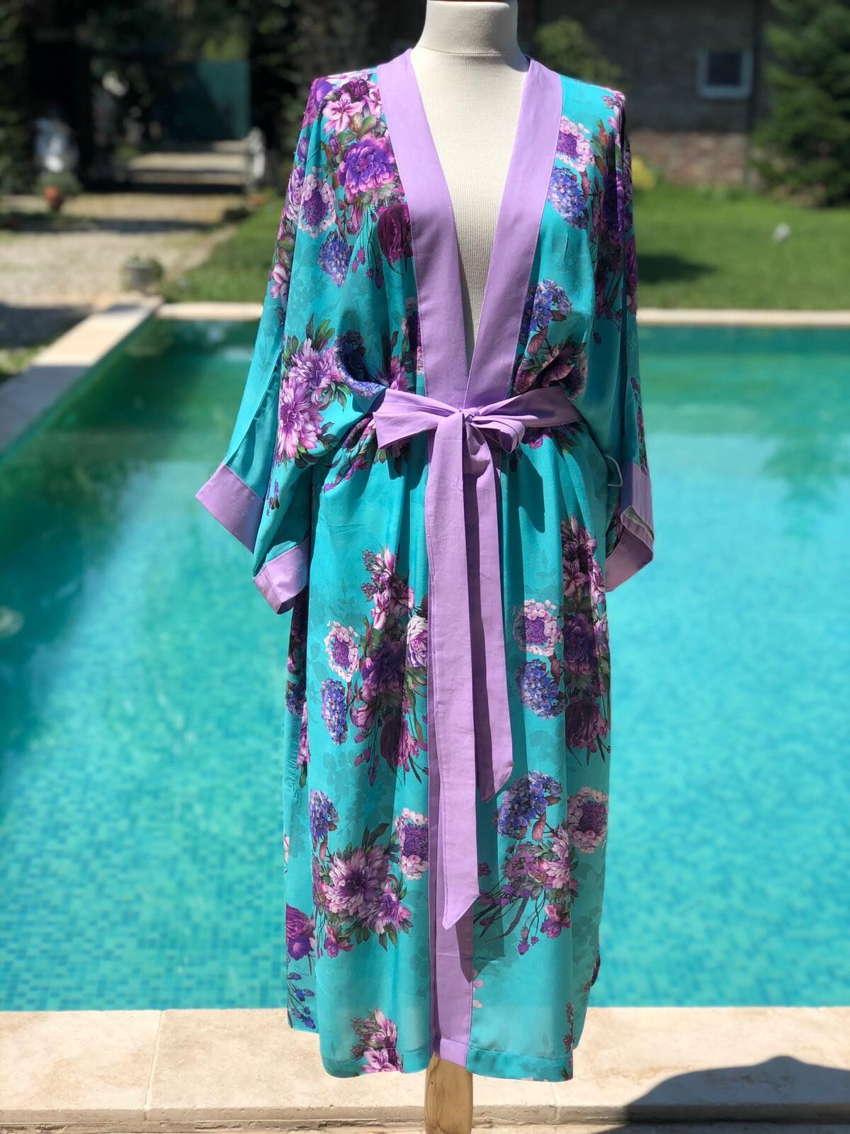 Free People Intimately Kimono Robe Blue Silky Floral small 10/12