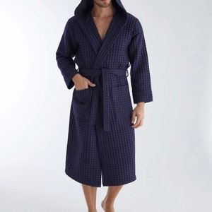 Luxurious Waffle bamboo hooded Bathrobe gray/ white mens Robe, lightweight Spa Robe, gift for himMother's Day Gift image 6