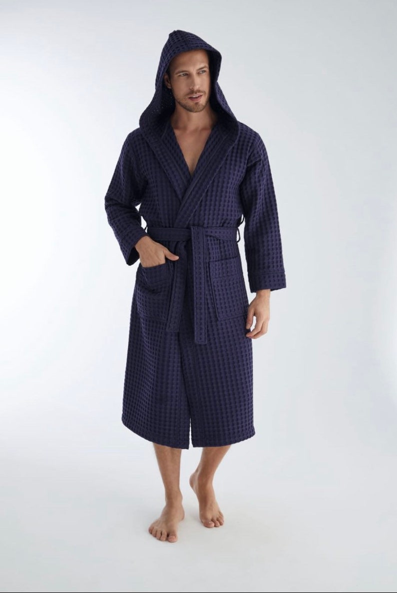 Luxurious Waffle bamboo hooded Bathrobe gray/ white mens Robe, lightweight Spa Robe, gift for himMother's Day Gift image 6