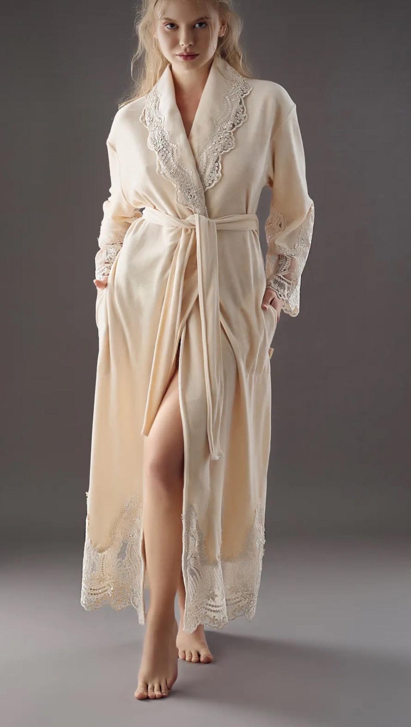 Luxurious Velvet Ivory Woman Long Lace Robe, Cozy Spa Woman Robe, Gift ...