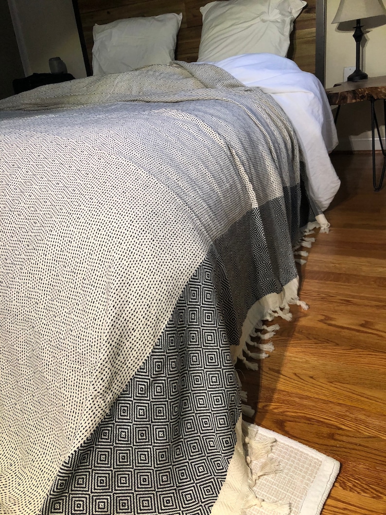 Turkish Cotton Blanket in White/black Lightweight Blanket Etsy