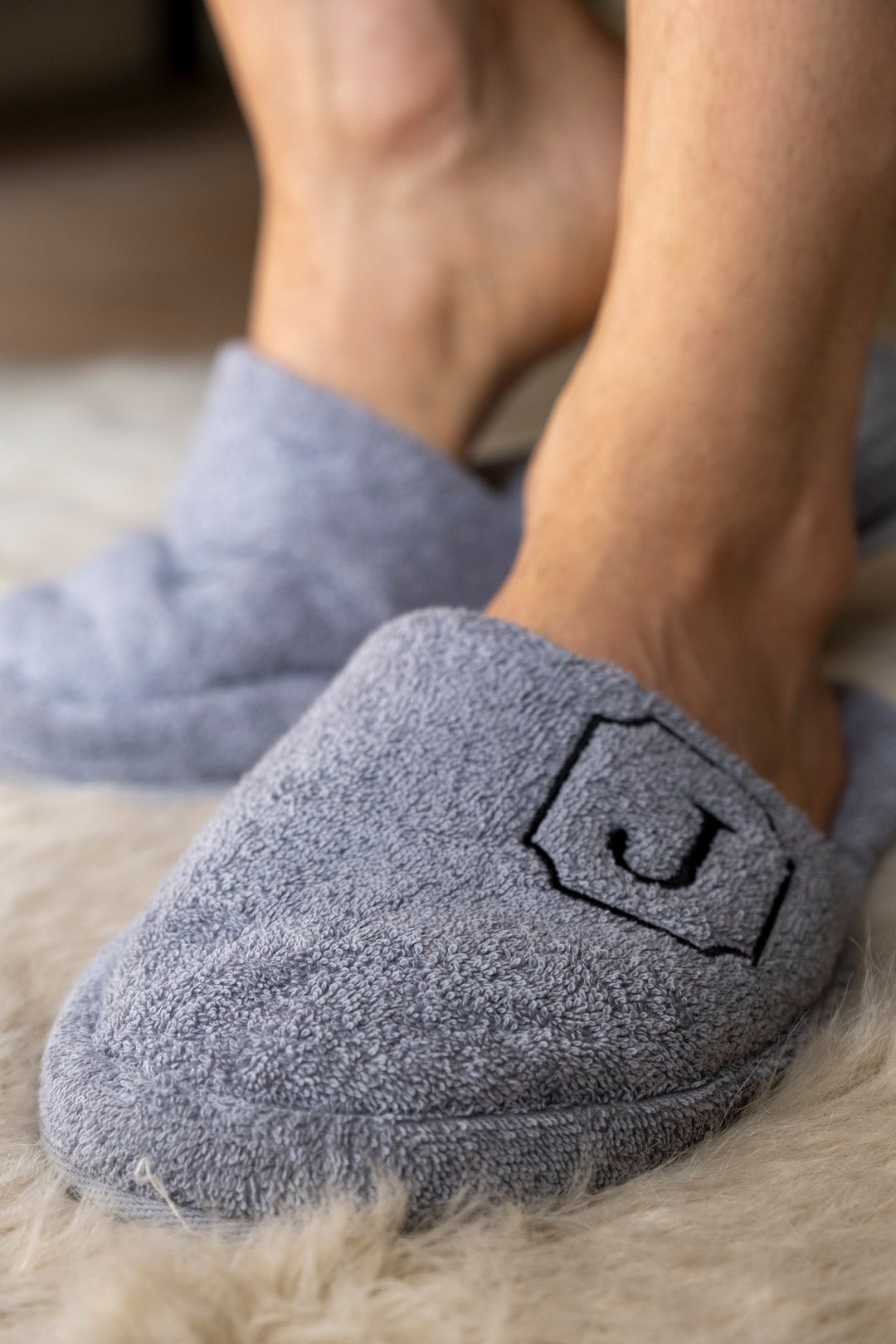 Pantoufles en coton éponge brodées, chaussons de maison en