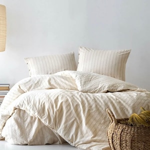 Yusuf 4 pieces Queen/Double Cotton beige striped duvet Set, Cotton Quilt Cover, Duvet Cover 87&quot;x95”, 2 pillow cases 20x30”