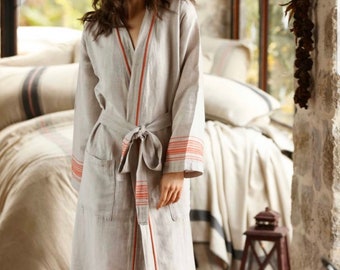 Peignoir kimono en lin naturel ivoire, peignoir de spa en lin pour femme, peignoir en lin, peignoir de luxe, cadeau de fête des mères