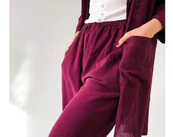 Natural soft Elastic Waist Pant, yoga pants Burgundy/navy Cotton gauze Pant, Summer Pant, organic Cotton gauze home pant, / gift for her