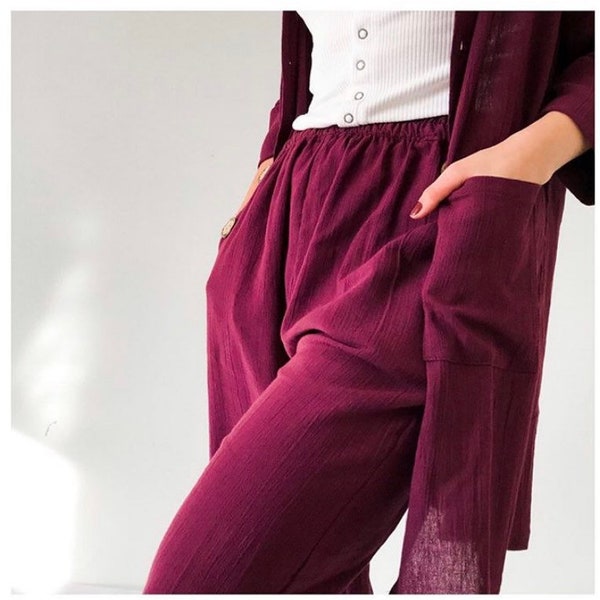 Natural soft Elastic Waist Pant, yoga pants Burgundy/navy Cotton gauze Pant, Summer Pant, organic Cotton gauze home pant, / gift for her