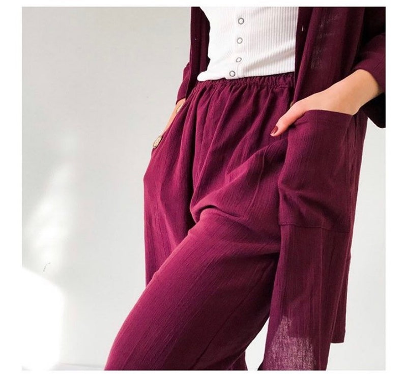 Natural soft Elastic Waist Pant, yoga pants Burgundy/navy Cotton gauze Pant, Summer Pant, organic Cotton gauze home pant, / gift for her image 1