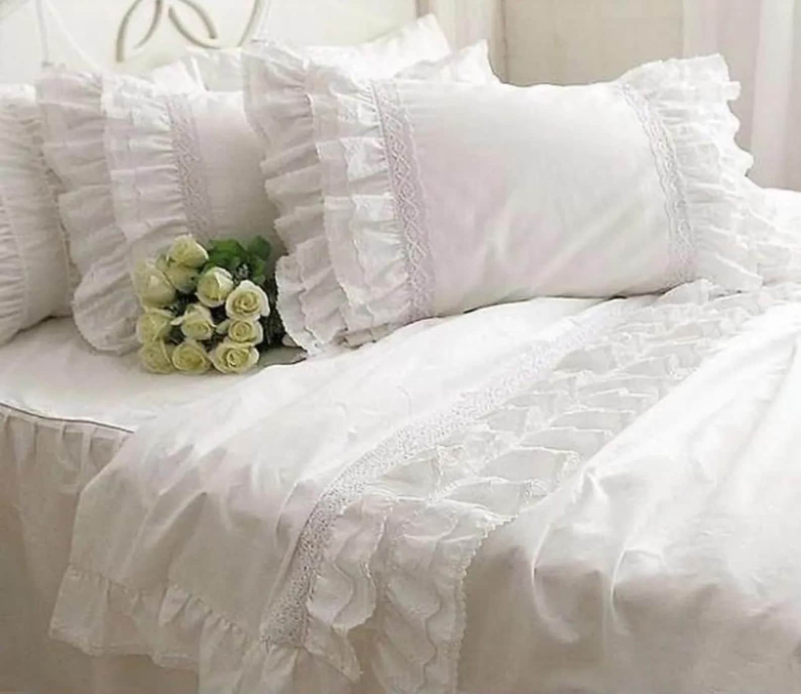 White/ Beige Ruffle Edge Lace Bedding Set – Turkish Premium Cotton ...