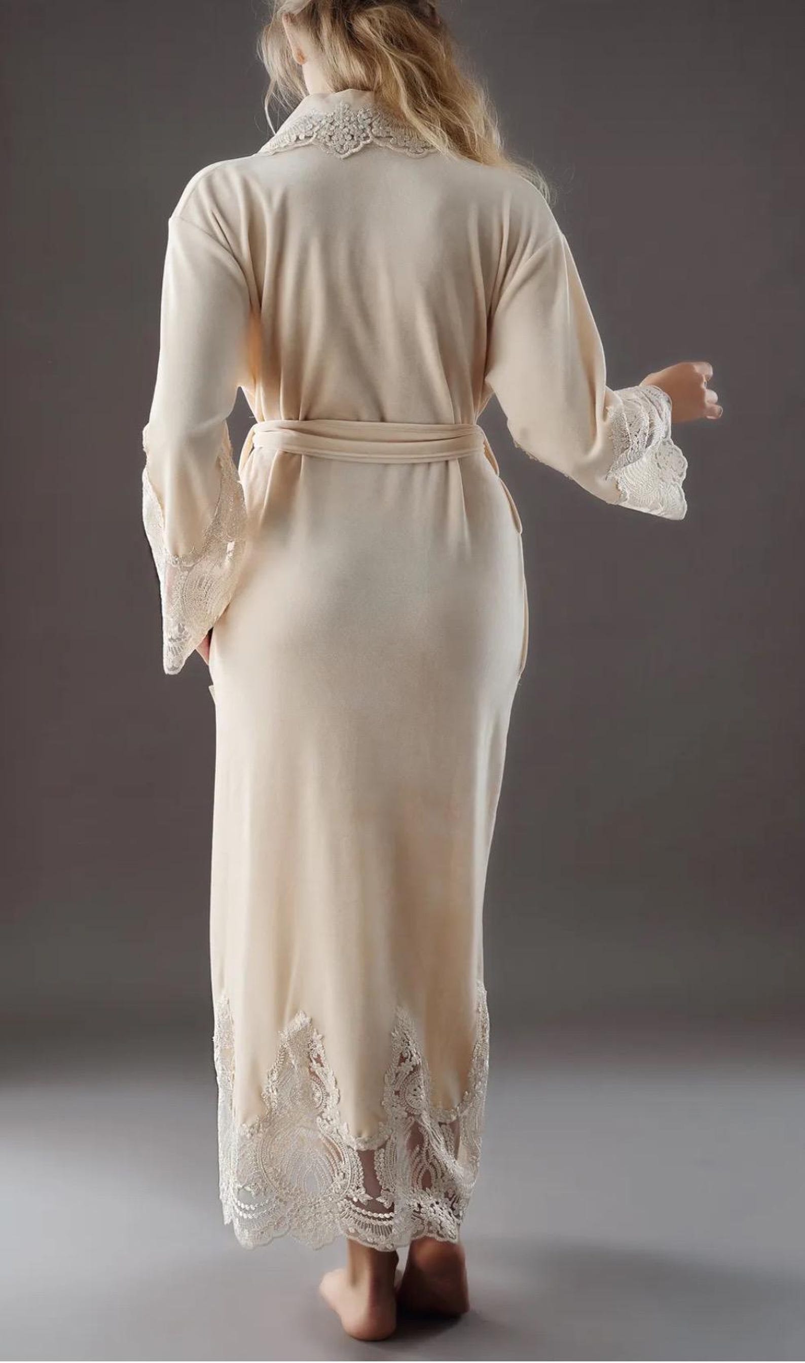 Luxurious Velvet Ivory Woman Long Lace Robe, Cozy Spa Woman Robe, Gift ...