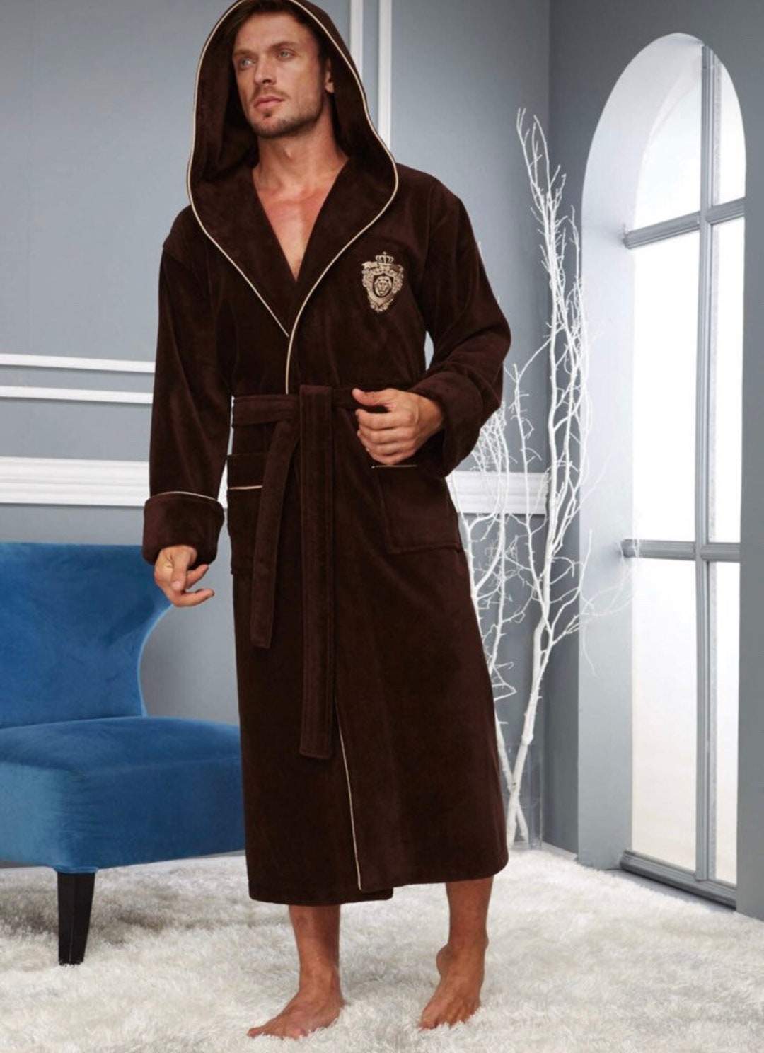 Luxurious Mens Hooded Bathrobe Brown Turkish Organic Etsy