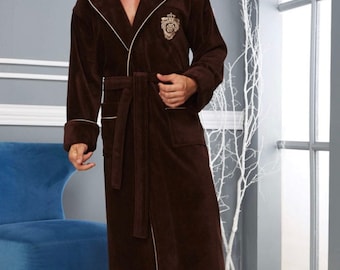 Luxurious Mens hooded bathrobe, brown Turkish Organic Cotton/bamboo Mens Bathrobe, Luxury Man Bathrobe, ,