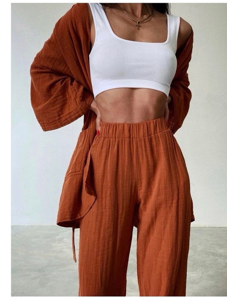 Organic Cotton Kimono Robe Set Soft Cotton Kimono Top Pant Etsy