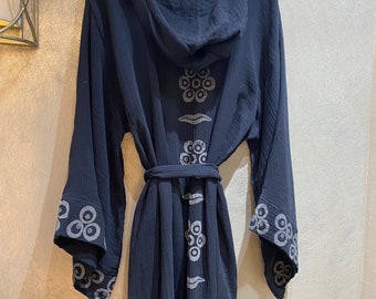 Black  muslin mens hooded robe, Turkish Cotton hooded kimono robe, peshtemal robe, cotton men robe, spa hooded cotton unisex robe,