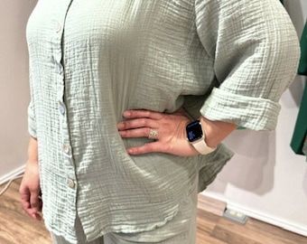 Aysel pure cotton buttoned  Shirt-pant set for Summer, cotton muslin blouse, shirt summer  top, muslin pant
