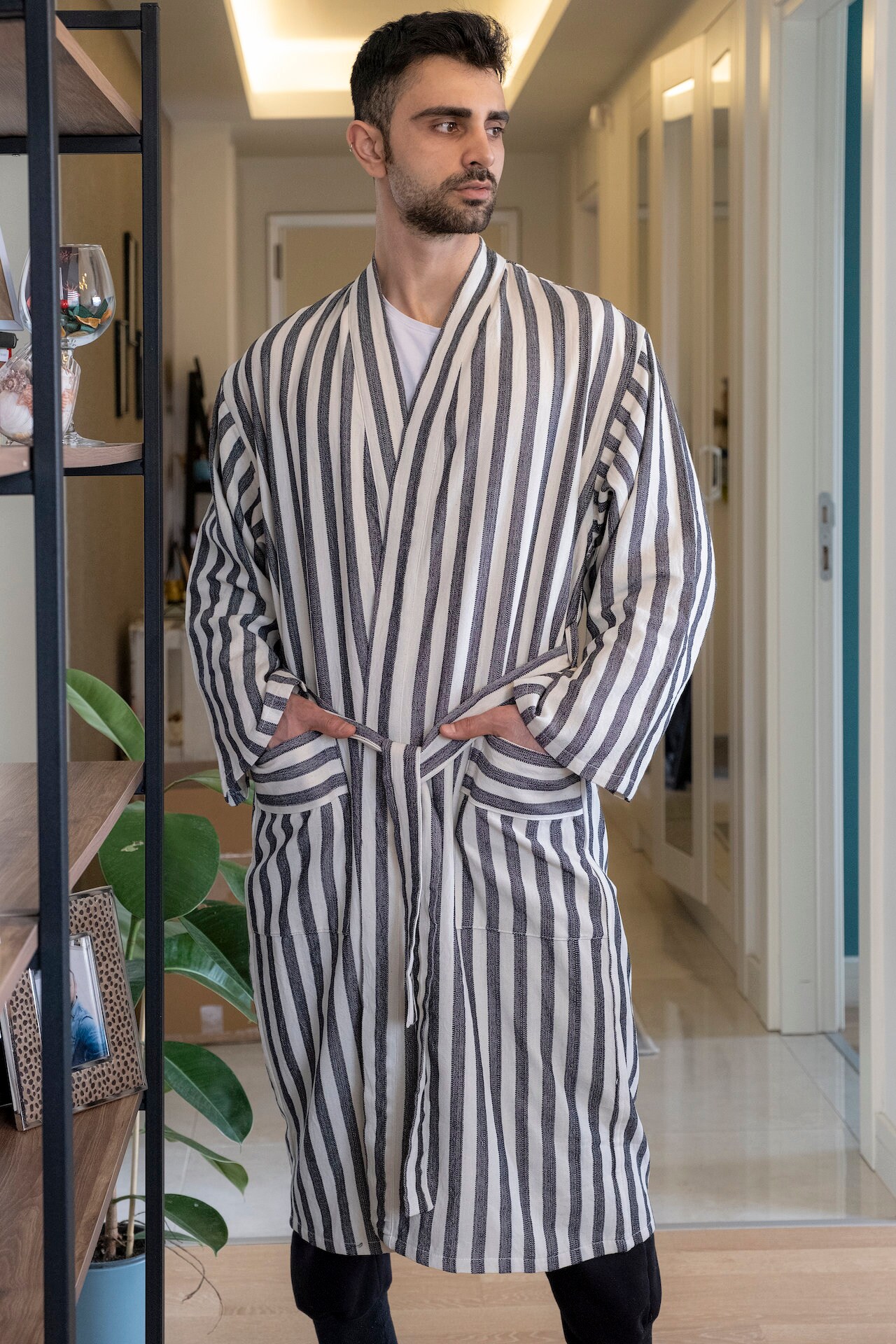 Pure Turkish cotton bathrobe black/white striped Peshtemal Etsy
