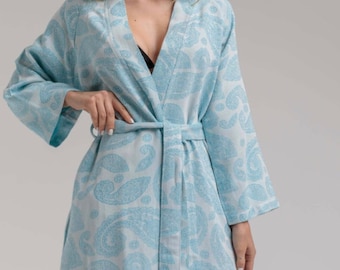 Blue Turkish cotton peshtemal kimano bathrobe,paisley lighweigt turkish peshtemal robe/blue cotton spa robe/gift for her / gift for her