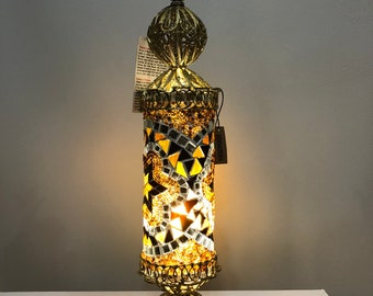 Turkish mosaic lamp, Vintage Antique Look ,Cylinder Copper Filigree Gold painted  Lamp, 16 inches height //Mother's Day Gift