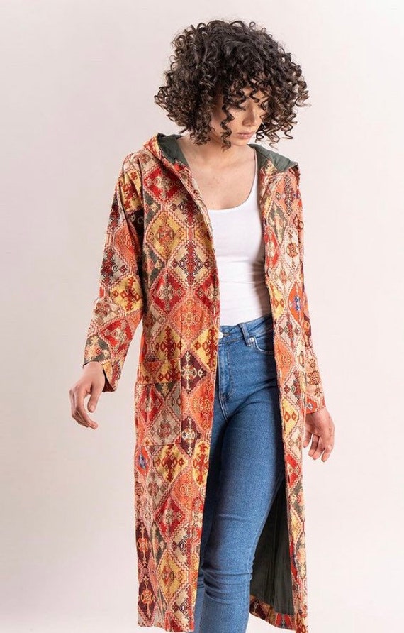 Kilim Boho Cotton Hooded, Duster Cardigan, Cotton Hooded