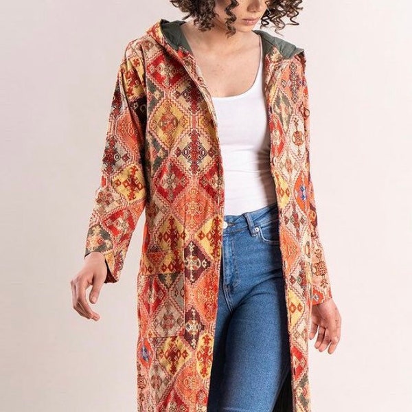 Kelim Boho Baumwolle mit Kapuze, Duster Cardigan, leichte Duster Cardigan aus Baumwolle mit Kapuze, Muttertagsgeschenk