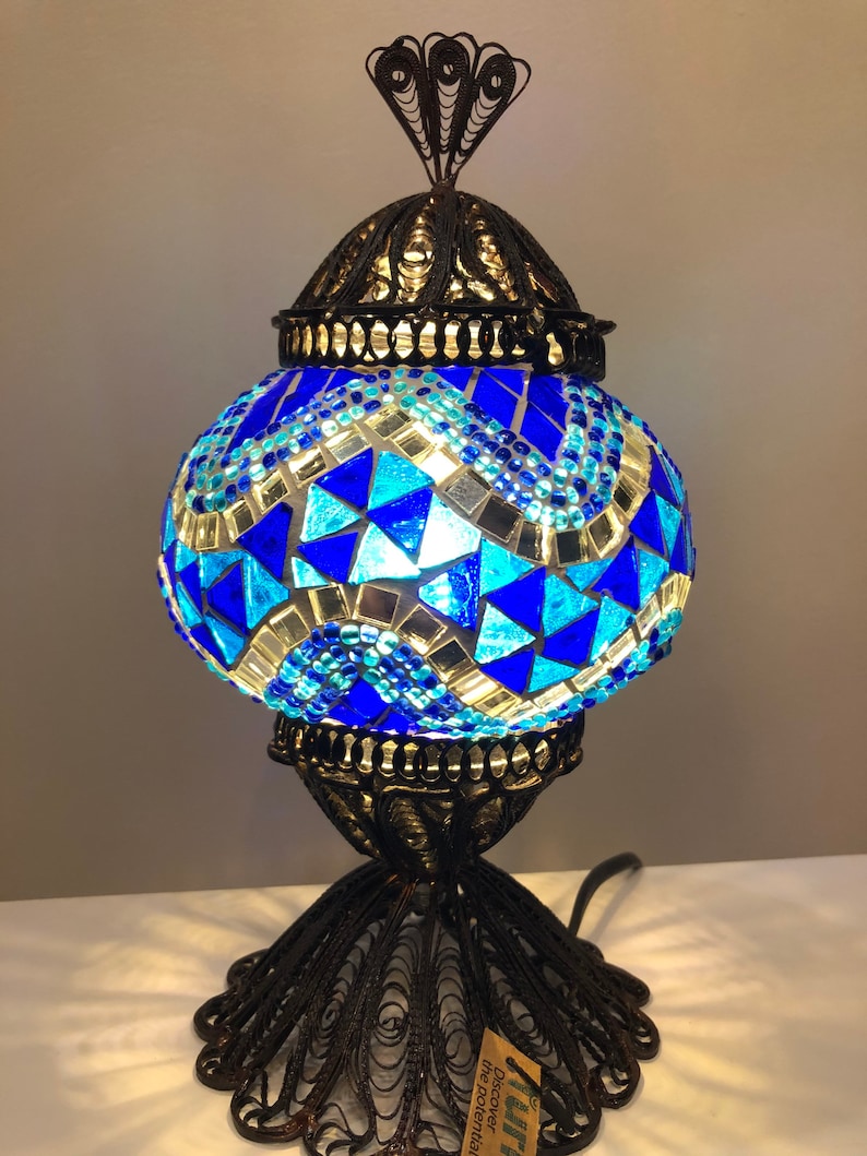 Blue Turkish Mosaic Table Lamp Vintage Style Handmade Copper Etsy