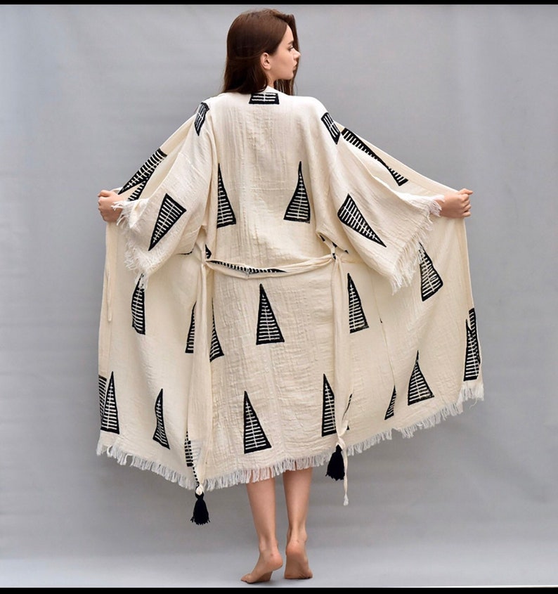 Kihara Robe Ivory Cotton Linen Kimono Robe, Wood Block Print, Boho Oversize ...