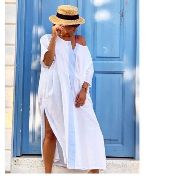 White Linen Kaftan Dress,  Linen White Summer Kaftan, Linen Loose beach Kaftan Dress, beach cover up,  Gift for herMother's Day Gift