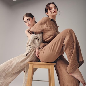 Pamukcuk cotton buttoned top -pant set for Summer, cotton muslin buttoned blouse , summer  top, muslin pant