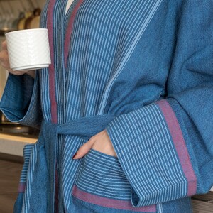 Navy Turkish cotton robe, navy on red striped Peshtemal bathrobe, cotton robe, spa robe, kimono robe, giftMother's Day Gift image 2