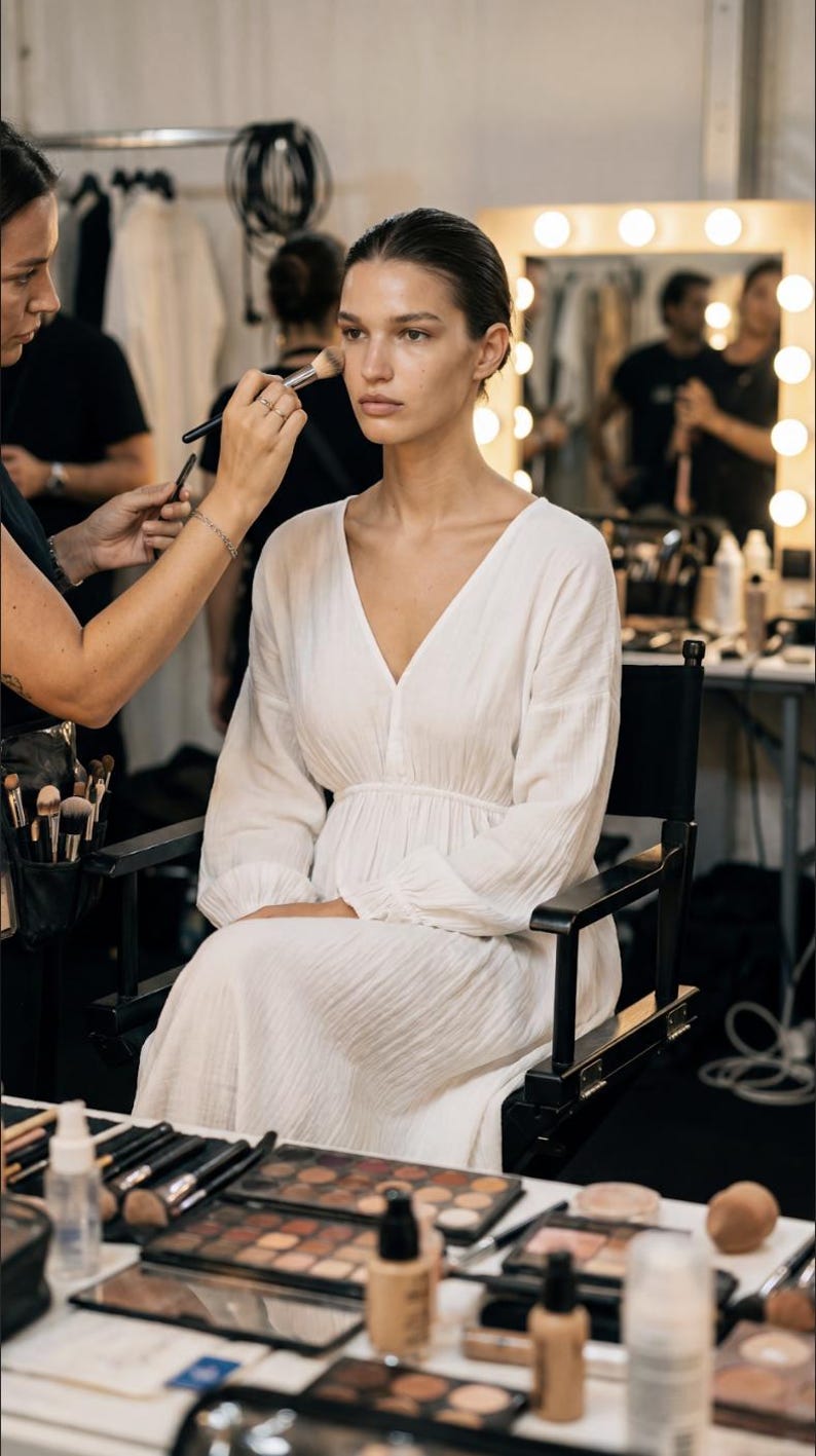 May include: A model in a white dress is having makeup applied in a backstage setting. The dress has a V-neck and long sleeves. Makeup palettes, brushes, and other beauty products are visible on a table in the foreground.