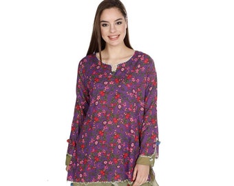 Boho Floral Cotton Tunic Top, Purple Needle Gauze BlouseChristmas Gift