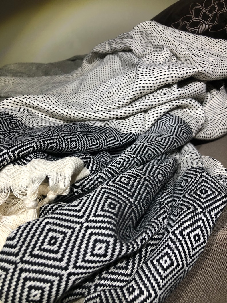 Turkish Cotton Blanket in White/black Lightweight Blanket Etsy