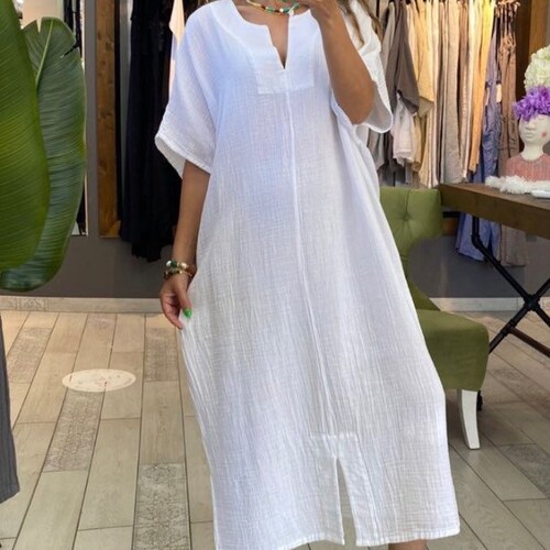 White organic Cotton Kaftan dress, oversized long dress, loose cotton shops dress, gift for her