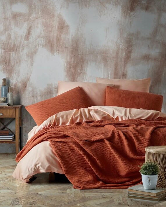 Queen double Brick Red Muslin Duvet Set Super Soft Quilt Set Two