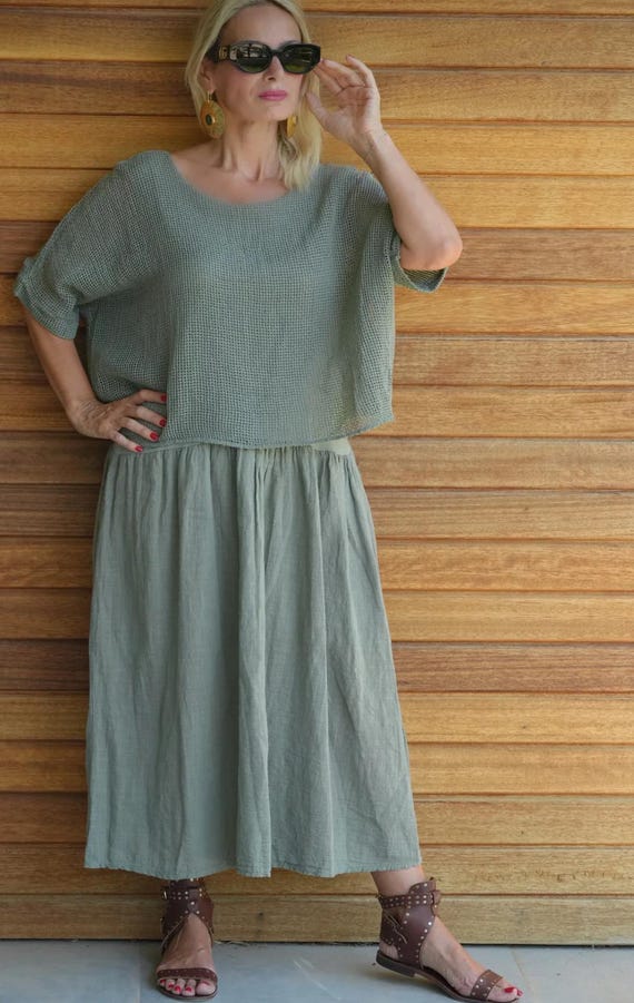 Super soft casual italian linen summer Dress, khaki loose dress with long sleeves / Gift, GiftGift