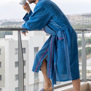 Navy Turkish cotton robe, navy on red striped Peshtemal bathrobe, cotton robe, spa robe, kimono robe, giftMother's Day Gift image 5