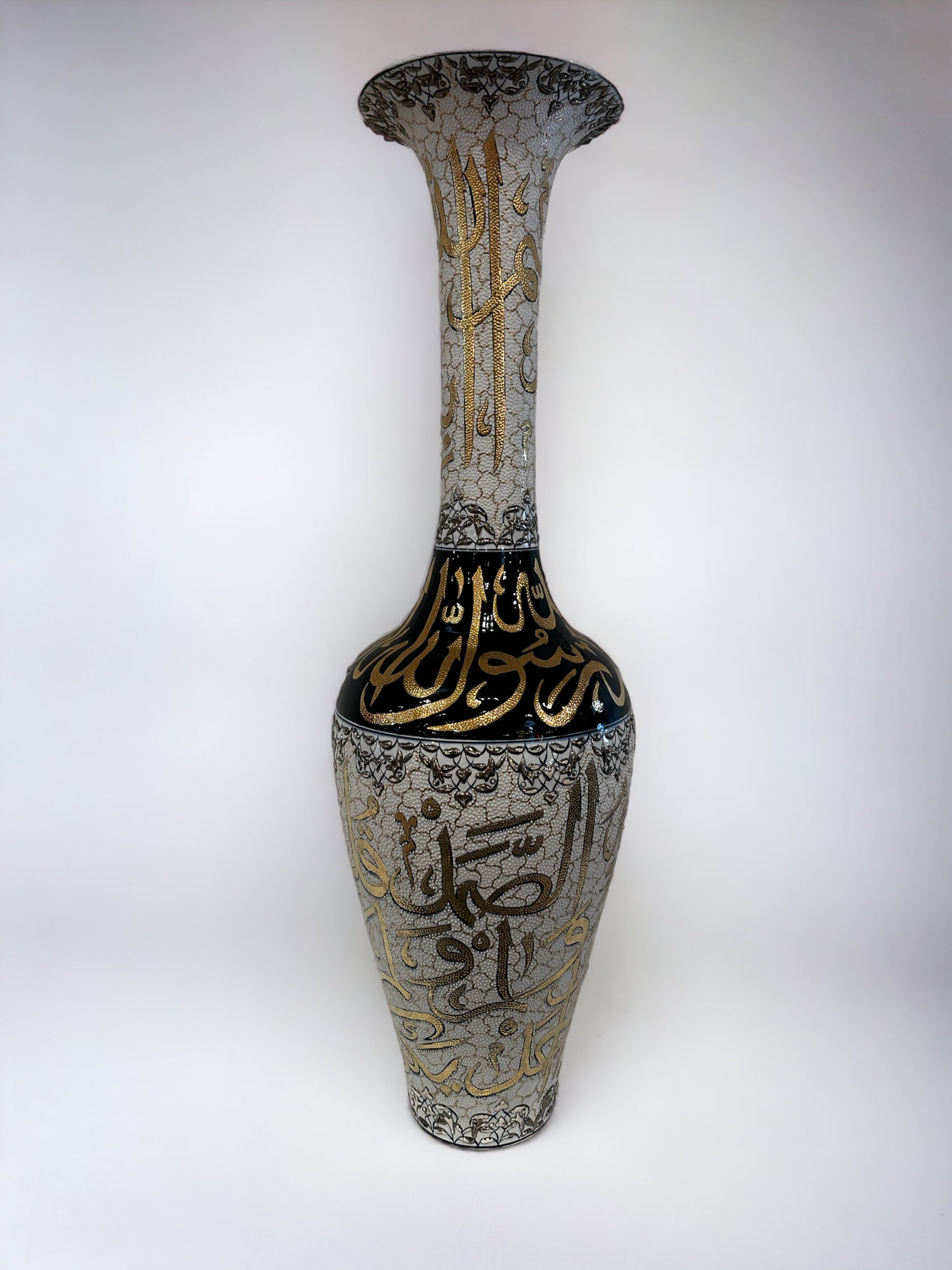 Tall , gold white Handmade Vase, Handpainted Turkish Ceramic Art, Housewarming Gift, islamic art, home decor,37 inches