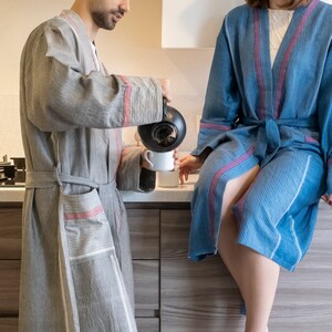 Turkish cotton kimono robe, men/women, Unisex, all-natural cotton, pre-washed & pre-shrunk. Made in Turkey, Sizes S–3XL, Navy, Gray, Beige