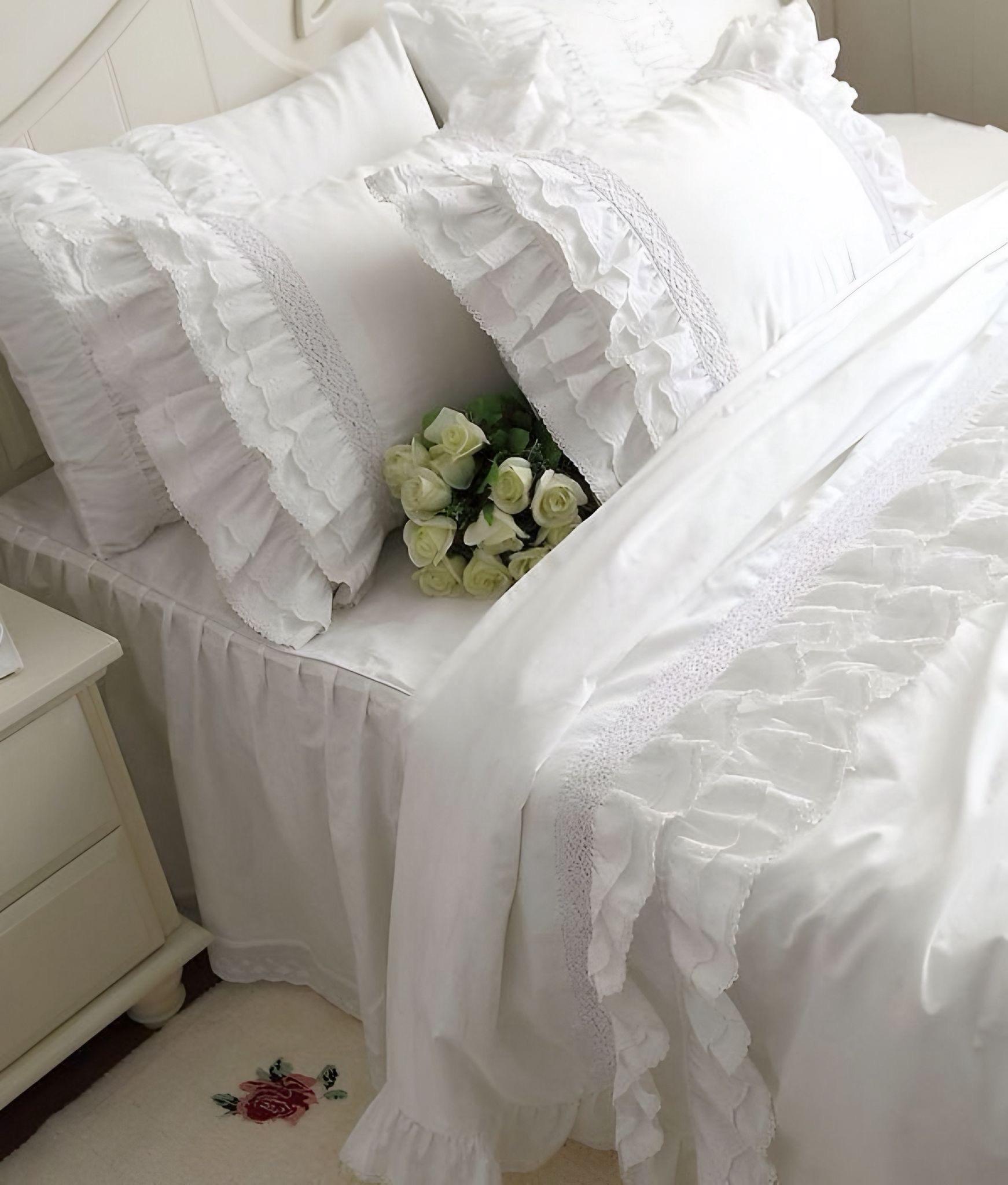 White/ Beige Ruffle Edge Lace Bedding Set – Turkish Premium Cotton ...