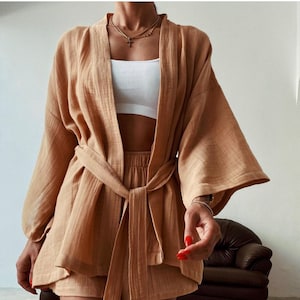 Mocha/Brick Red Turkish Cotton kimono, pant, short set, Gift for her