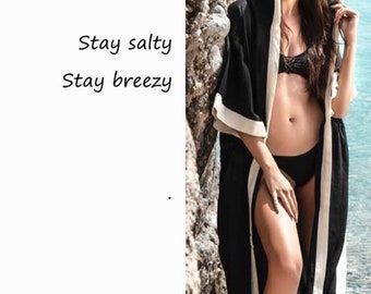 Truva Kimono hooded Robe, Black and white long kimano lightweight duster cardigan, swimsuit cover up, resort wear, lounge wear