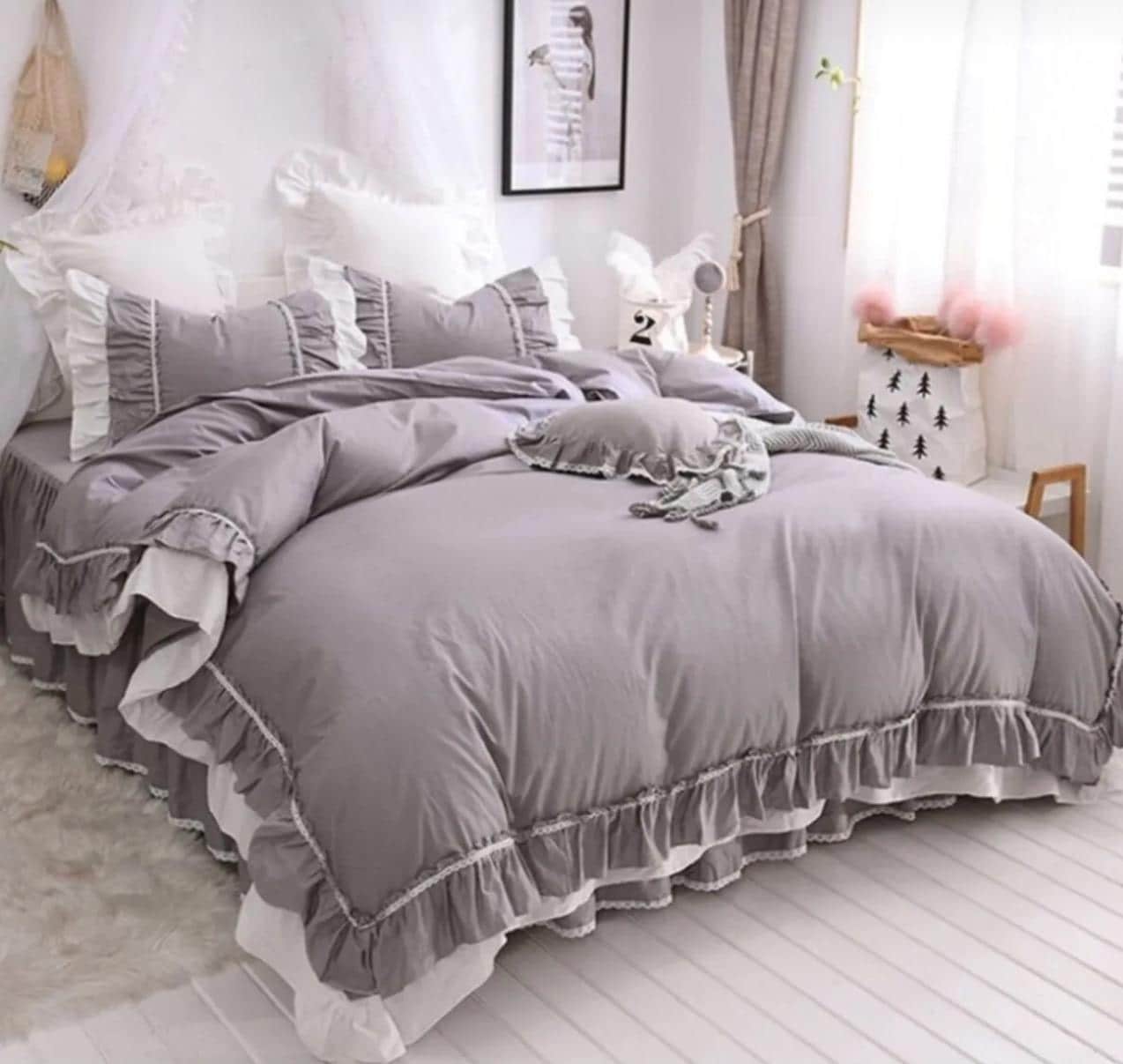 Luxury Ruffle Edge Cotton gray white  Bedding queenSet – King Size Duvet Cover with Pillow Shams – Soft, Breathable & Elegant Bed Set