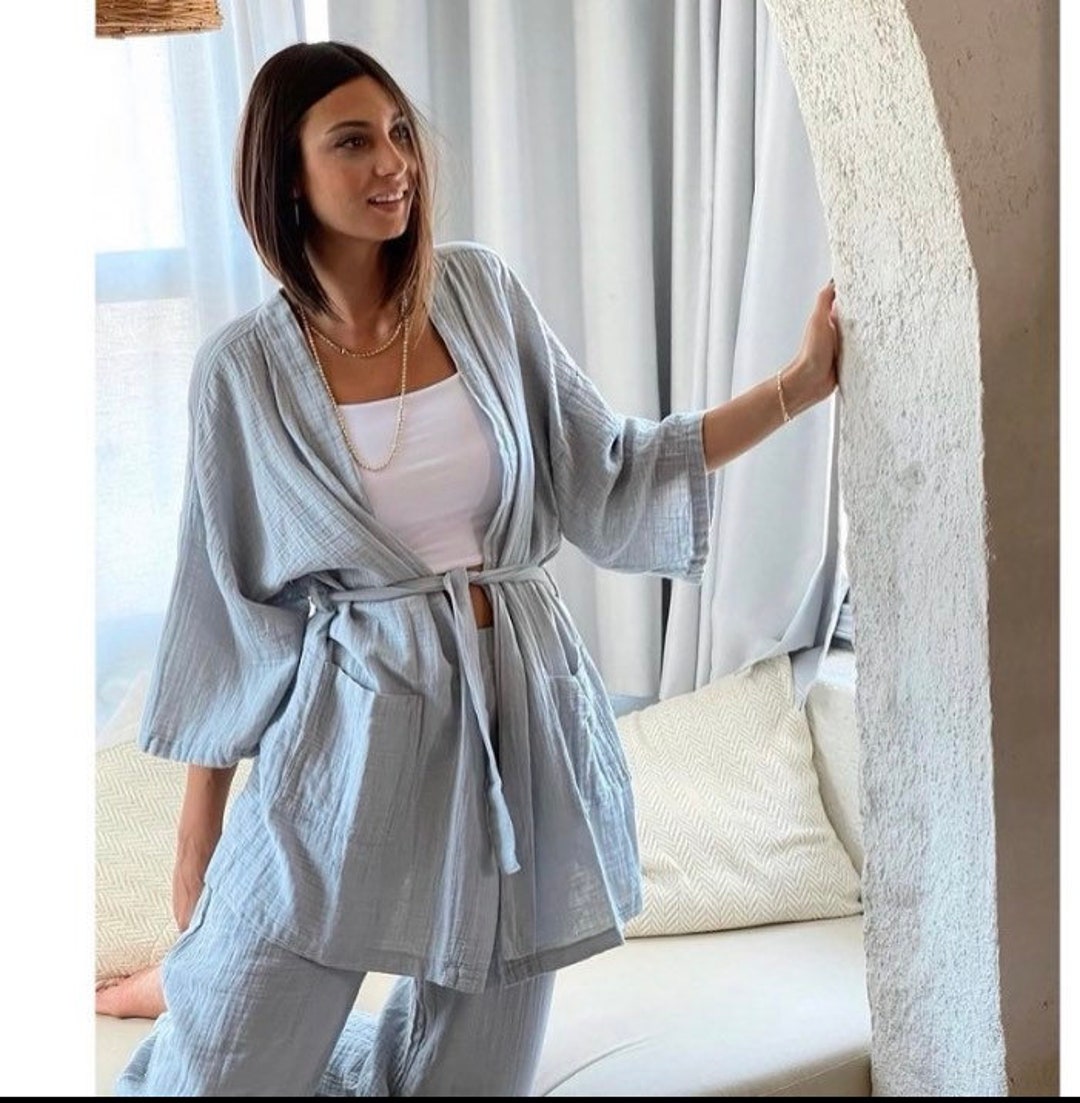 Organic Cotton Kimono Robe Set, Soft Cotton Kimono, Top, Pant, Spa Robe