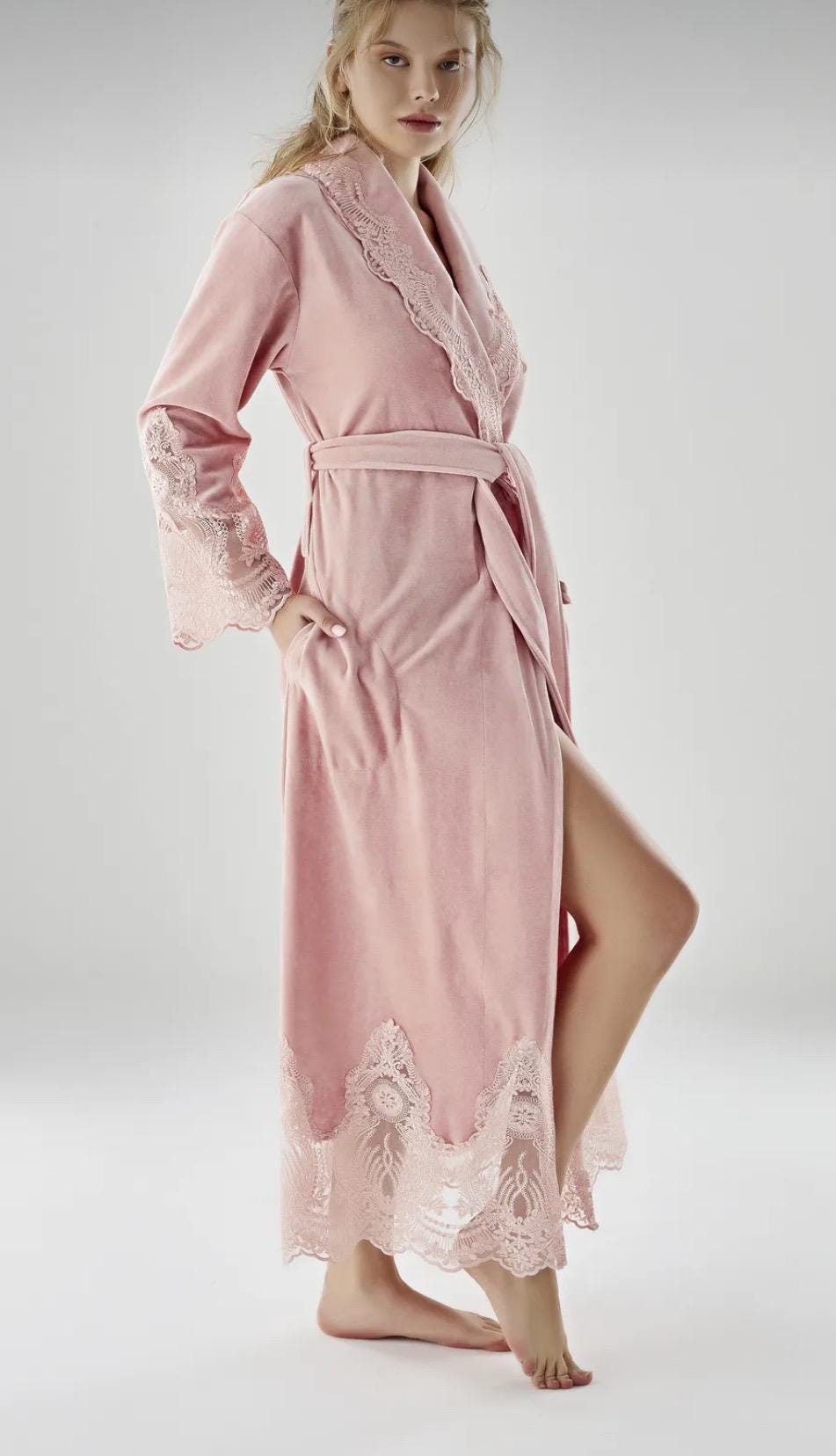 Luxurious Velvet Ivory Woman Long Lace Robe, Cozy Spa Woman Robe, Gift ...