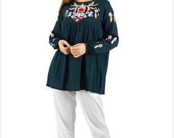 Boho Embroidered Cotton Gauze Blouse, Navy Tunic Top, Summer Beach Cover Up, GiftGift
