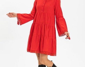 Red Flannel Cotton Boho Dress, Warm Winter Tunic