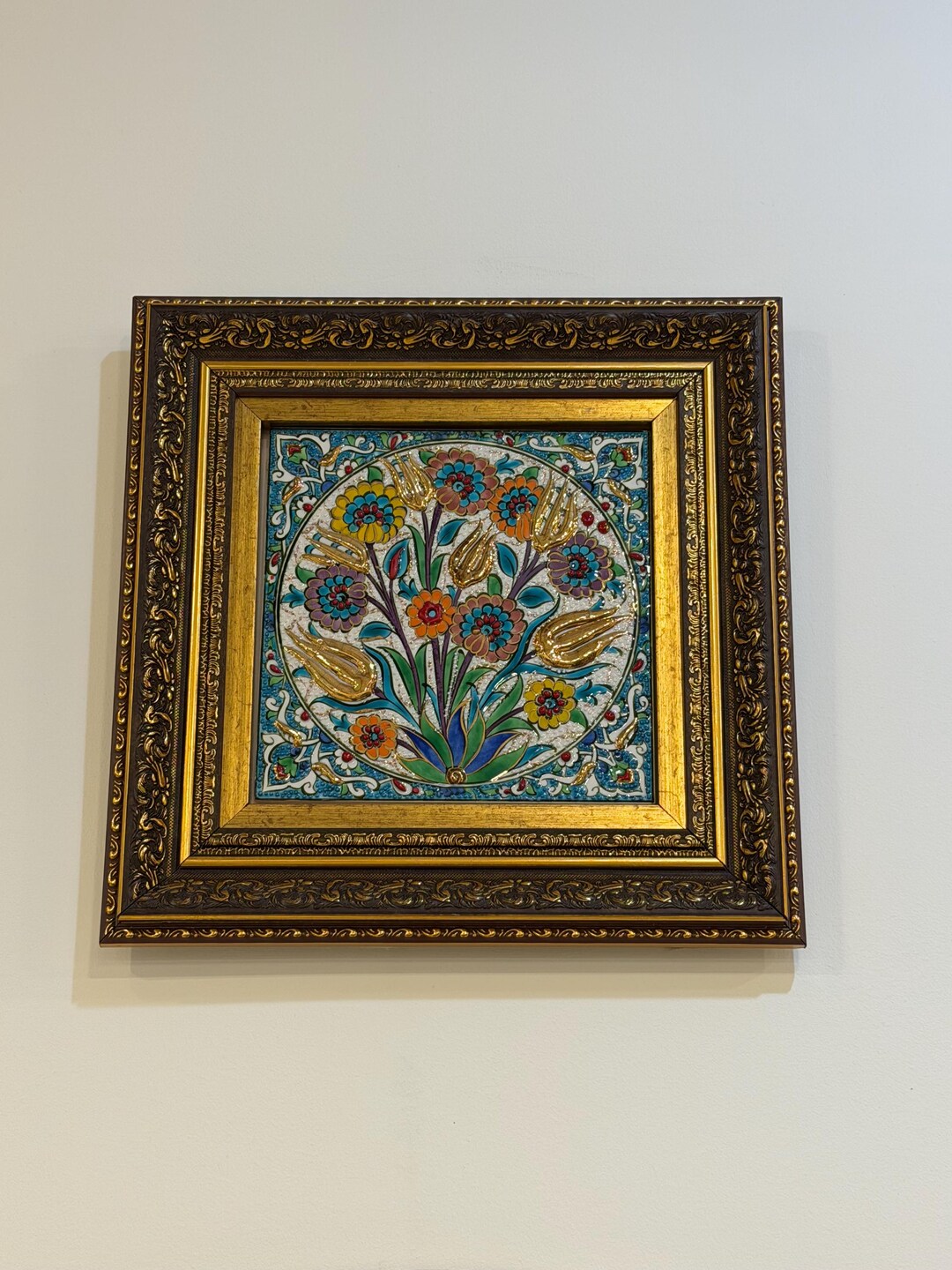 Turkish Style Frame Iznik Tile Frame, Gold Painted Turkish Ceramic, Hand Painted Decor (12 ...